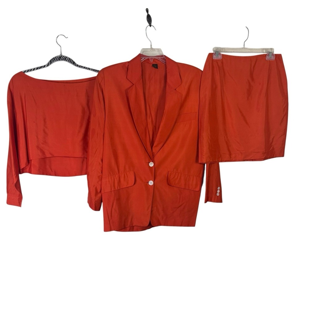 Orange Silk 3 Piece Suit Womens Jacket, Skirt, Bat Wing Top Size M